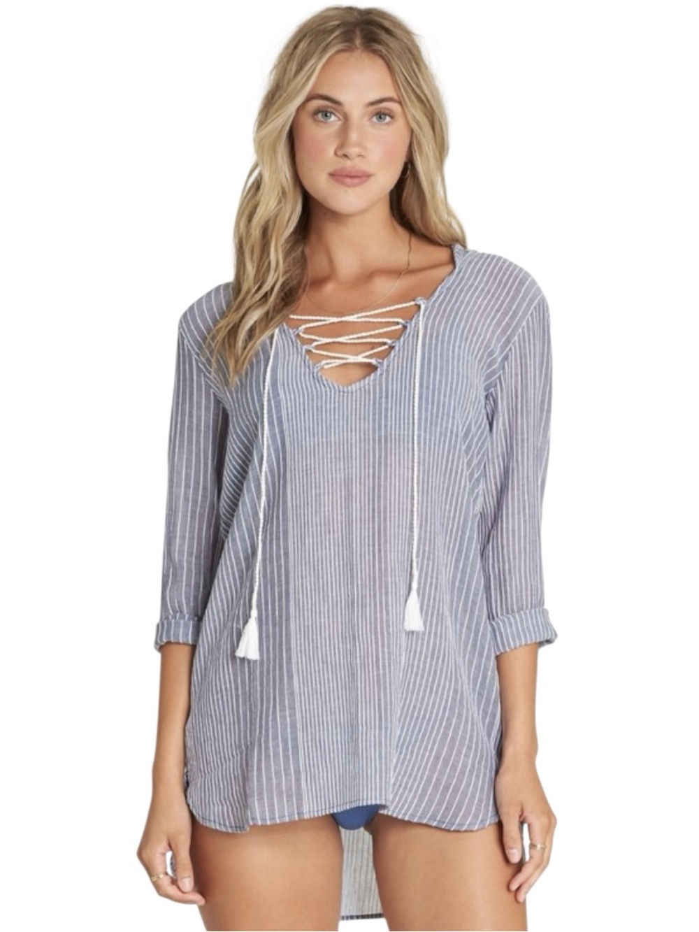 NWT Billabong Same Story Swimsuit Cover Up Blue Striped Lace Up Hooded Medium